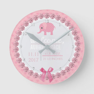 Horloge Ronde Filles Nursery Eléphant rose   Statistiques de nai
