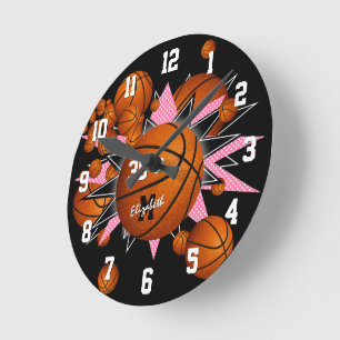 Horloge Ronde filles salle de sport décor basket étoiles