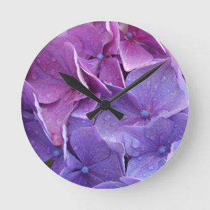 Horloge Ronde Fin bleue et rose de hortensia