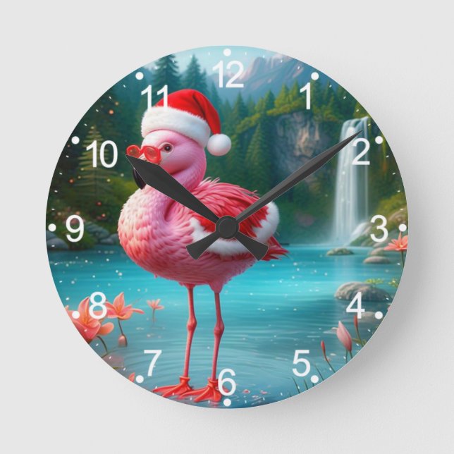 Horloge Ronde Flamant rose de Noël Comme Père Noël-47475 (Recto)