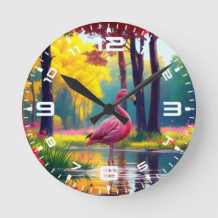 Horloge Ronde Flamant rose debout dans le lac-365476