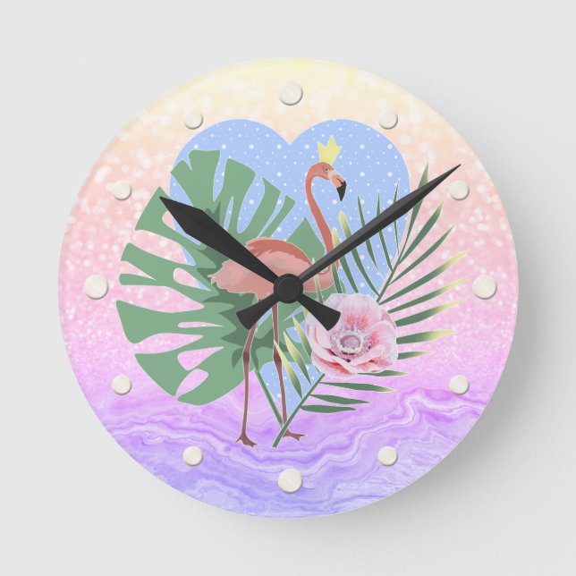 Horloge Ronde Flamant rose palmier feuille tropicale (Recto)