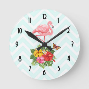 Horloge Ronde Flamant rose rose & Hibiscus Tropical Fancy
