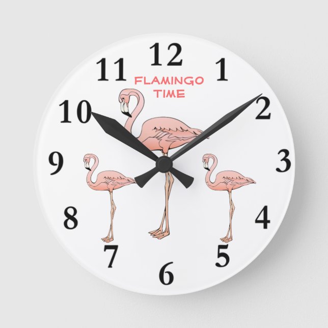 Horloge Ronde FLAMANT ROSE TIME, 3 Oiseaux de Flamant rose rose (Recto)