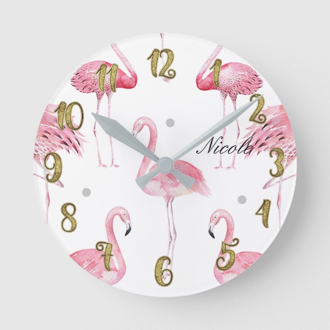 Horloge Ronde Flamants roses gris points chic minimal personnali (Recto)