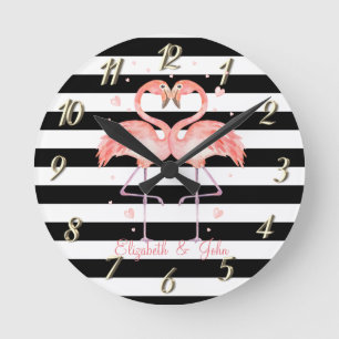 Horloge Ronde Flamants roses mignons amoureux, rayures noires et