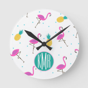 Horloge Ronde Flamants roses néon   Monogramme