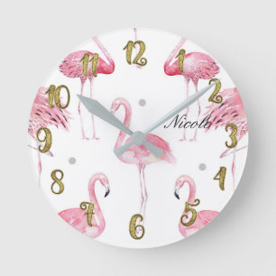 Horloge Ronde Flamants roses points gris chic minimal personnali