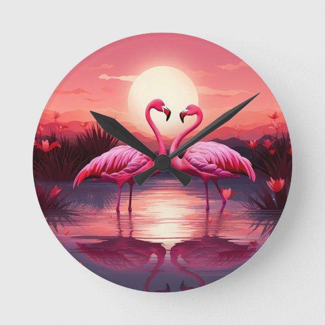Horloge Ronde Flamants roses roses au coucher du soleil (Recto)