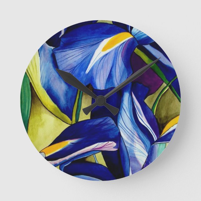 Horloge Ronde Fleur bleue Iris peinture originale aquarelle (Recto)