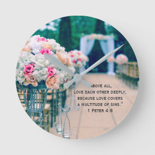 Horloge Ronde Fleur Bouquet Amour et Mariage Aisle Bible Verse