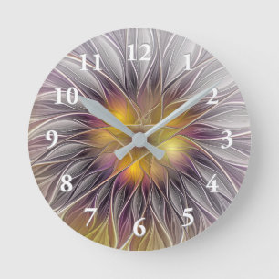 Horloge Ronde Fleur colorée lumineuse, fractale moderne abstrait