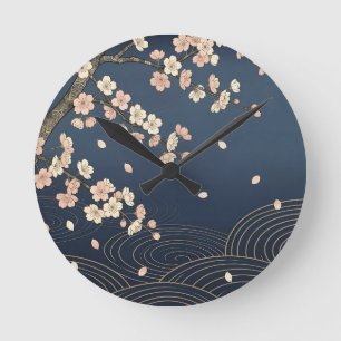 Horloge Ronde Fleur de cerisier japonaise sur fond marine avec m