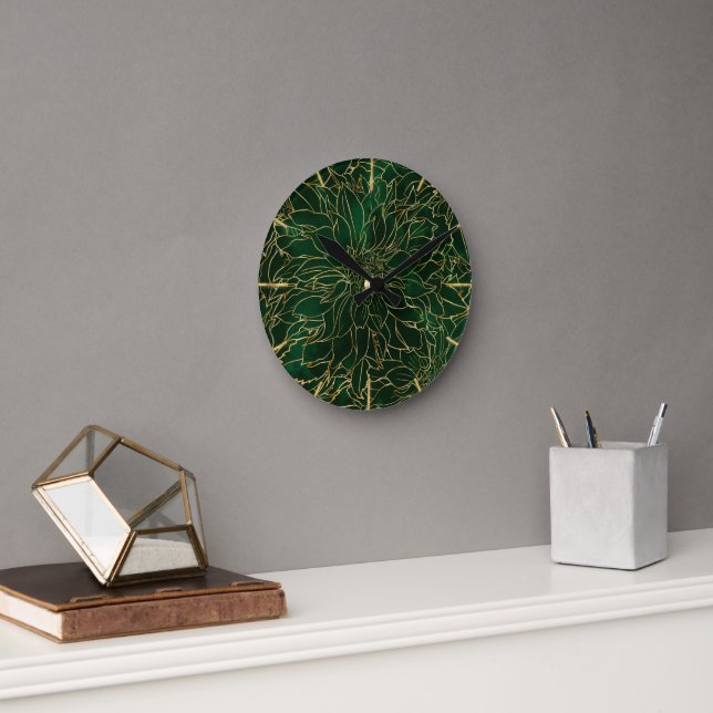 Horloge Ronde Fleur de dahlia or et vert (Bureau)