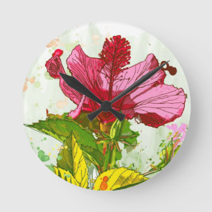 Horloge Ronde Fleur de ketmie - peinture d'aquarelle