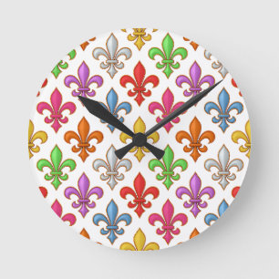 Horloge Ronde Fleur-de-lis Fleurs Blancs Audacieux Colorés