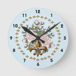 Horloge Ronde Fleur de lis fleurs roses