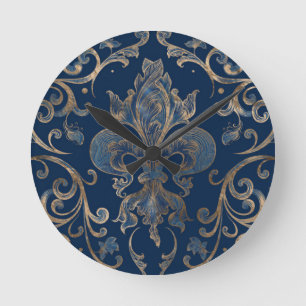Horloge Ronde Fleur de lis ornement Marbre bleu et or