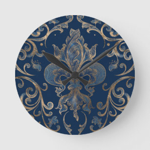 Horloge Ronde Fleur de lis ornement Marbre bleu et or