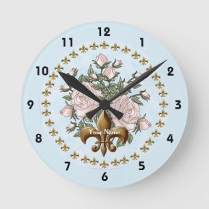 Horloge Ronde Fleur de lis roses 