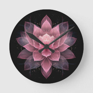 Horloge Ronde Fleur de Lotus Éthérée - Yoga Noir Rose Clair