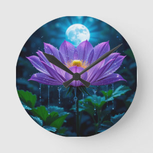 Horloge Ronde Fleur de lotus pourpre sous la lumière de la lune