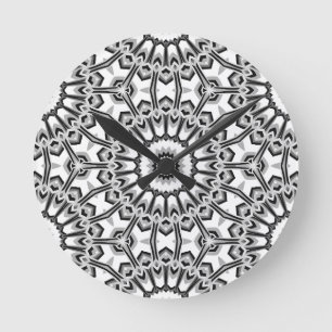 Horloge Ronde Fleur de mandala géométrique monochrome