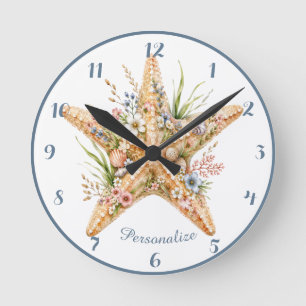 Horloge Ronde Fleur de mer étoile de mer florale côtière plage e