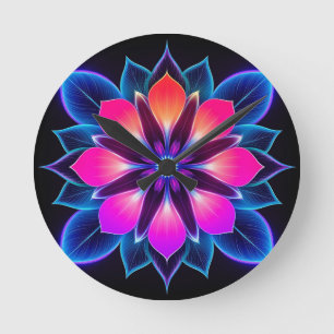 Horloge Ronde Fleur de néon avec Motifs de lumière bleue