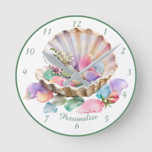 Horloge Ronde Fleur de perle océanique, design pétale de coquill