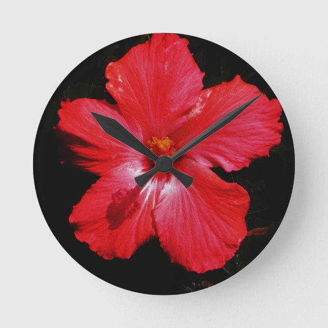 Horloge Ronde Fleur d'Hibiscus rouge rose chaud sur noir (Recto)