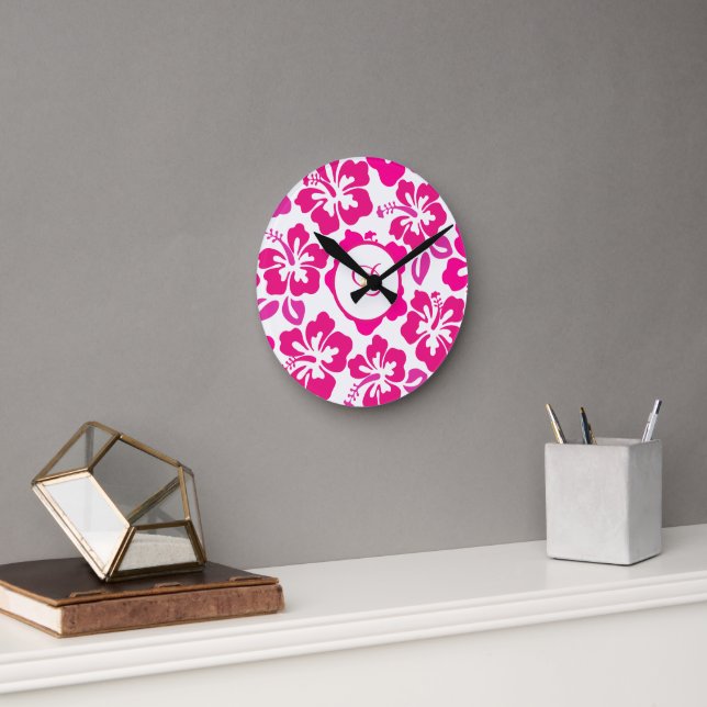 Horloge Ronde fleur d'hibiscus tropical hawaii rose (Bureau)