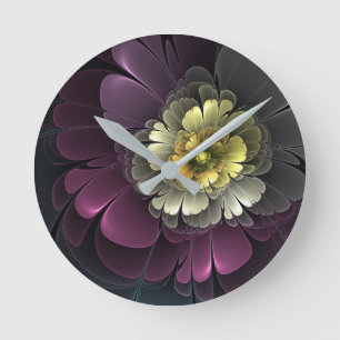 Horloge Ronde Fleur fractale grise de pourpre moderne abstraite