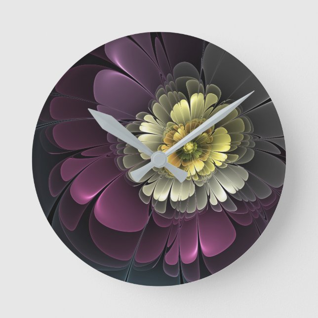 Horloge Ronde Fleur fractale grise de pourpre moderne abstraite (Recto)