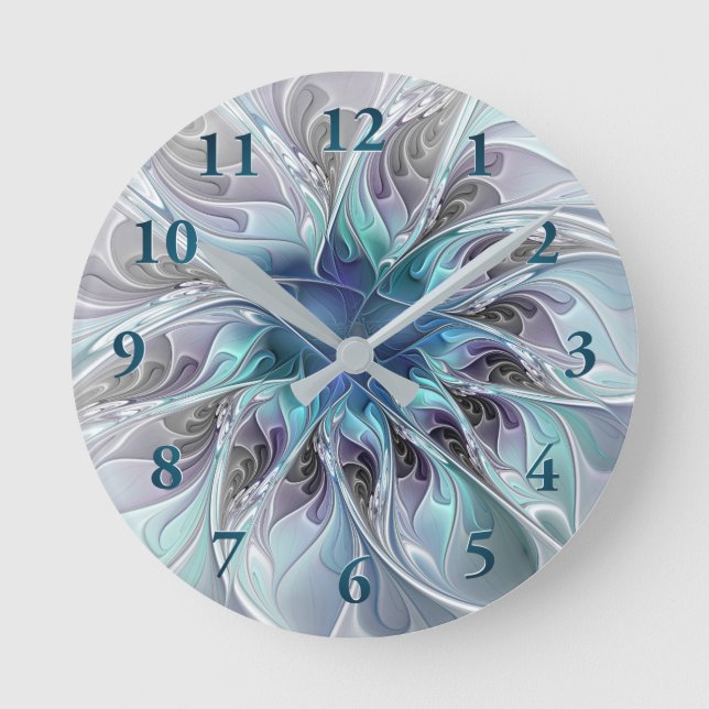 Horloge Ronde Fleur fractale moderne abstraite avec du bleu (Recto)