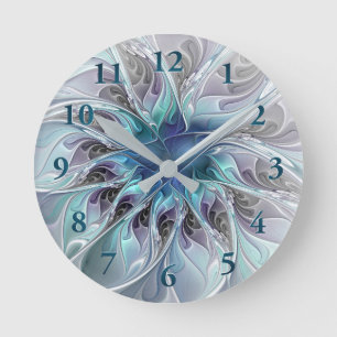 Horloge Ronde Fleur fractale moderne abstraite avec du bleu