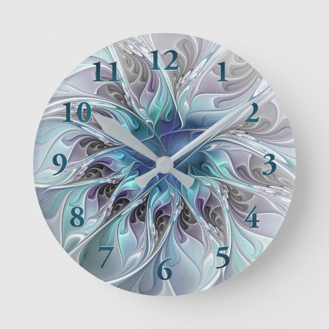 Horloge Ronde Fleur fractale moderne abstraite avec du bleu (Recto)