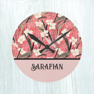 Horloge Ronde Fleur Japonaise en Rose Saumon Blanc Rouge avec In