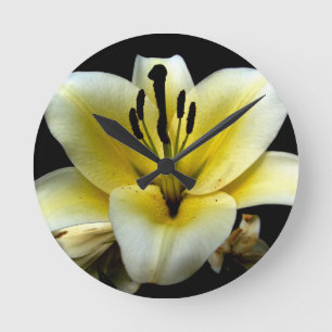 Horloge Ronde Fleur jaune blanche sur l'arrière - plan noir