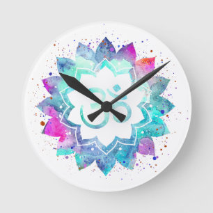 Horloge Ronde *~* Fleur Lotus Mandala OM AUM Symbole Aquarelle