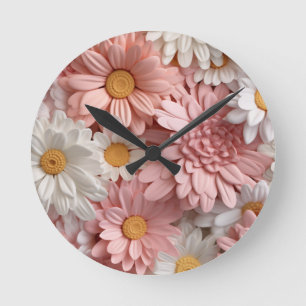 Horloge Ronde Fleur marguerite 3D rose et blanc
