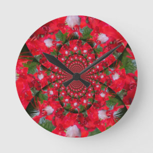 Horloge Ronde Fleur Rouge Naturelle Blanc Plumes Kaleidoscope Ar