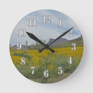 Horloge Ronde Fleur sauvage Arizona Désert Fleur Jaune Sud-Ouest