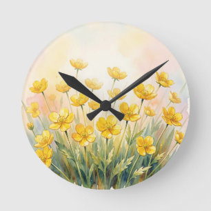 Horloge Ronde Fleur sauvage jaune aquarelle ensoleillée
