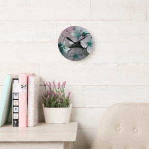 Horloge Ronde Fleur Turquoise rustique contemporaine