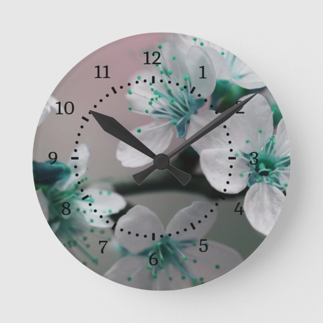 Horloge Ronde Fleur Turquoise rustique contemporaine (Recto)