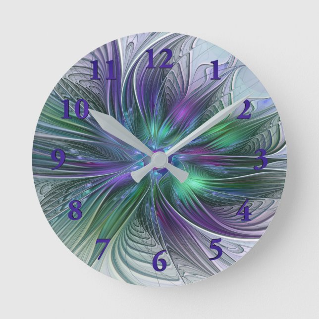 Horloge Ronde Fleur verte abstraite moderne fractale violette (Recto)