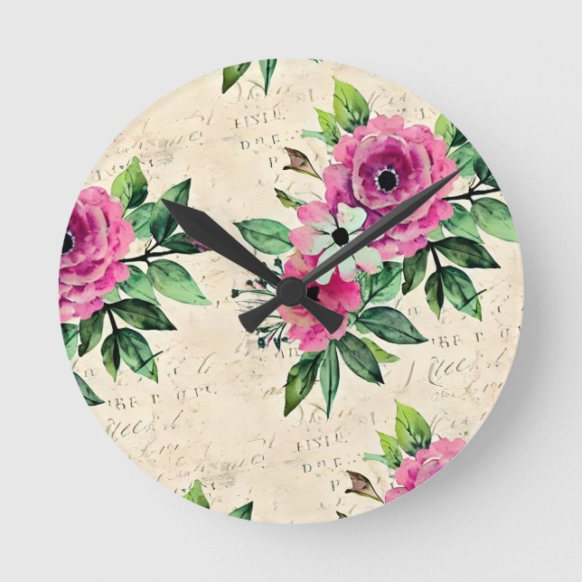 Horloge Ronde Fleurie Vintage Chic Décontracté (Recto)