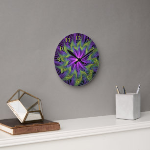 Horloge Ronde Fleuron vert violet Art Abstrait fractal moderne