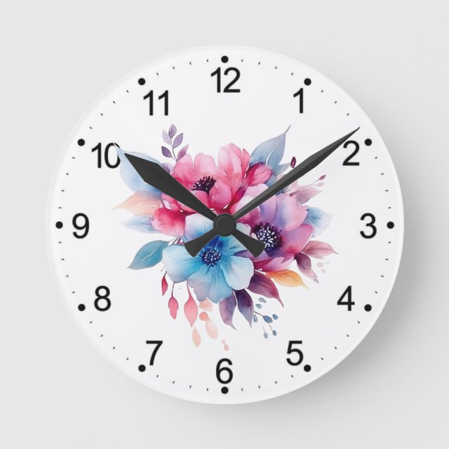 Horloge Ronde Fleurs à l'aquarelle conception florale (Recto)
